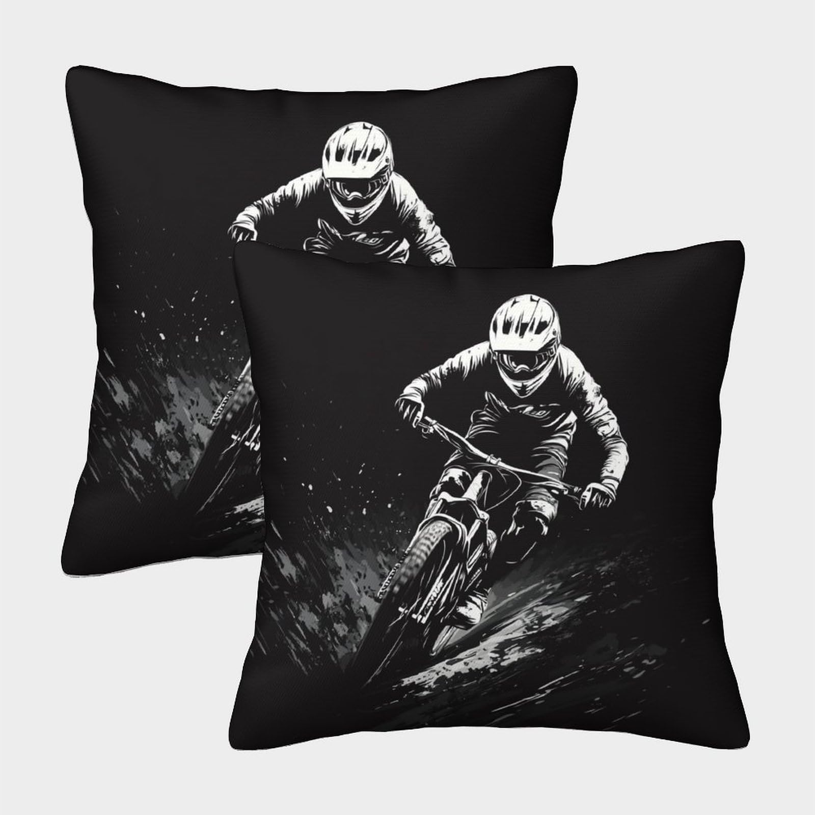 kaiyun 2 Pack Mountain Biking at Night 3D Image Black And White Sports Scene Printed Single-sided Cushion Cover 45x45cm