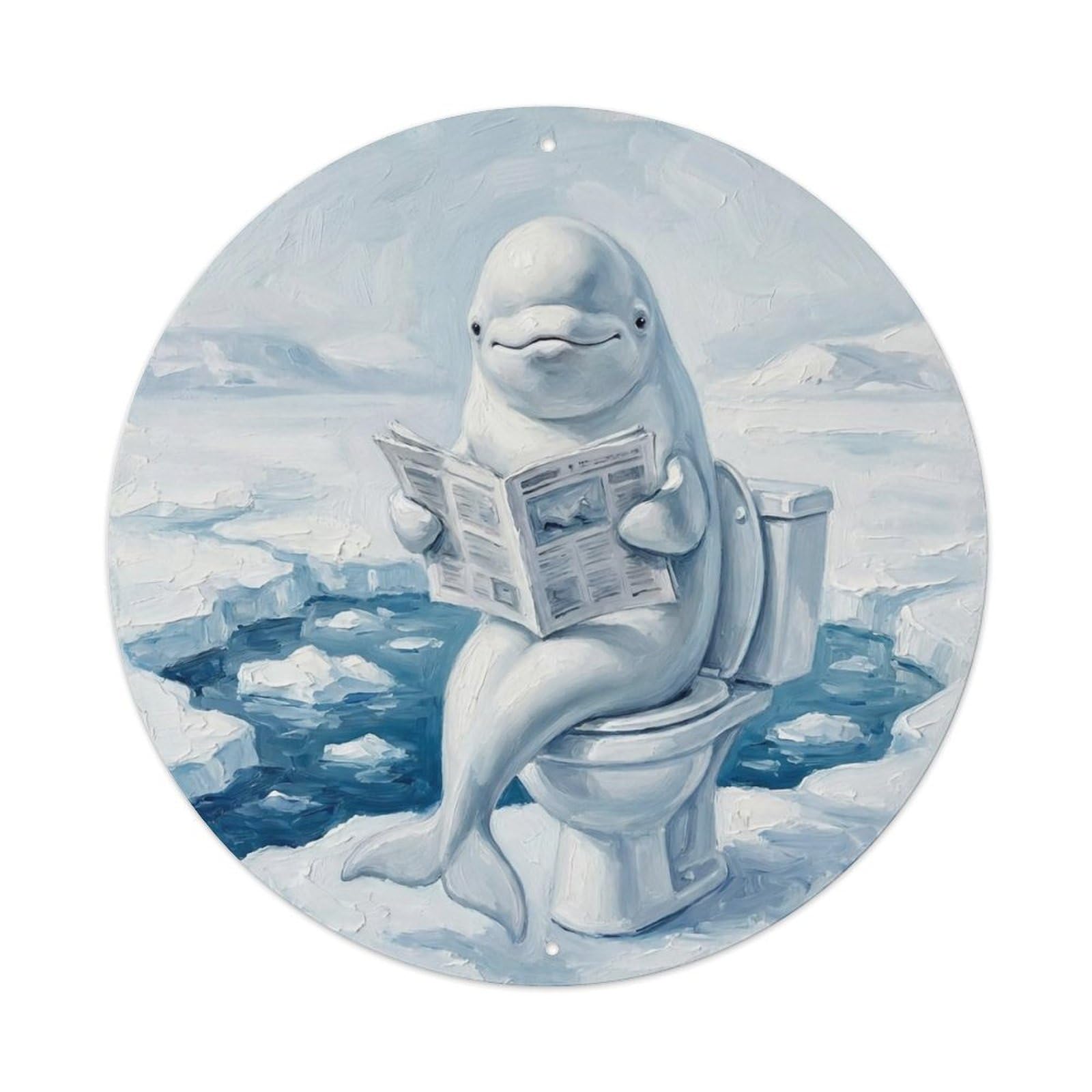 Okahys 8X8inch(20X20cm) Beluga On Toilet Humorous Bathroom Ice Hole Reads Metal Tin Sign