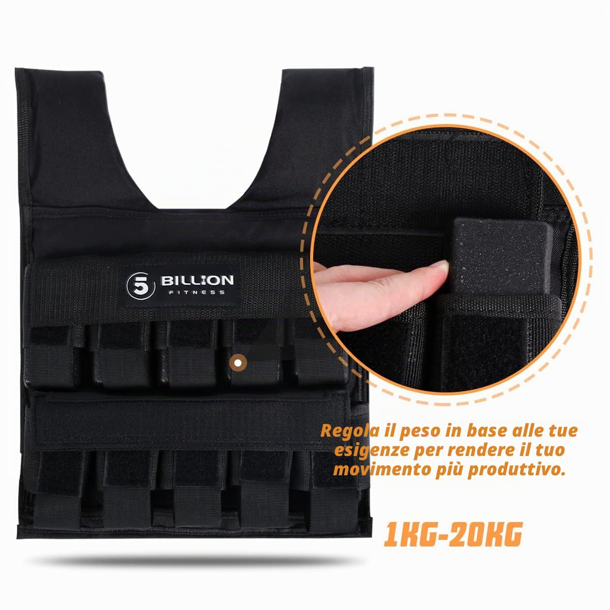 5BILLION FITNESS Giubbotto Zavorrato Pesi Monstervest Gewichtsweste von 1kg-20Kg Gewicht Training Krafttraining Herausnehmbare Übung Verstellbarem Nylongurt Mit Klettverschluss Schwarz