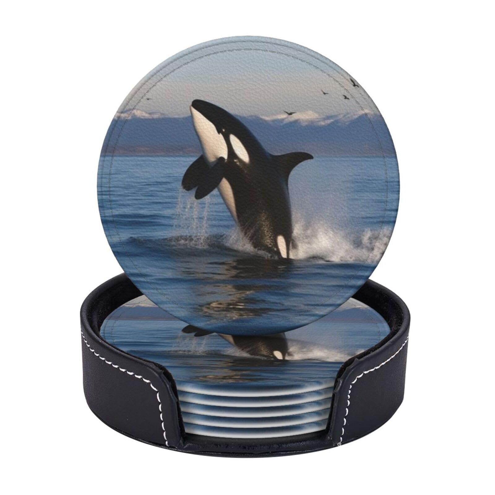 Round Coasters for Drinks Set of 6 - PU Leather Coasters with Holder - Modern Drink Coasters for Coffee Table - Killer Whale Coaster for Tabletop Protection 4" Cup Mat Pad