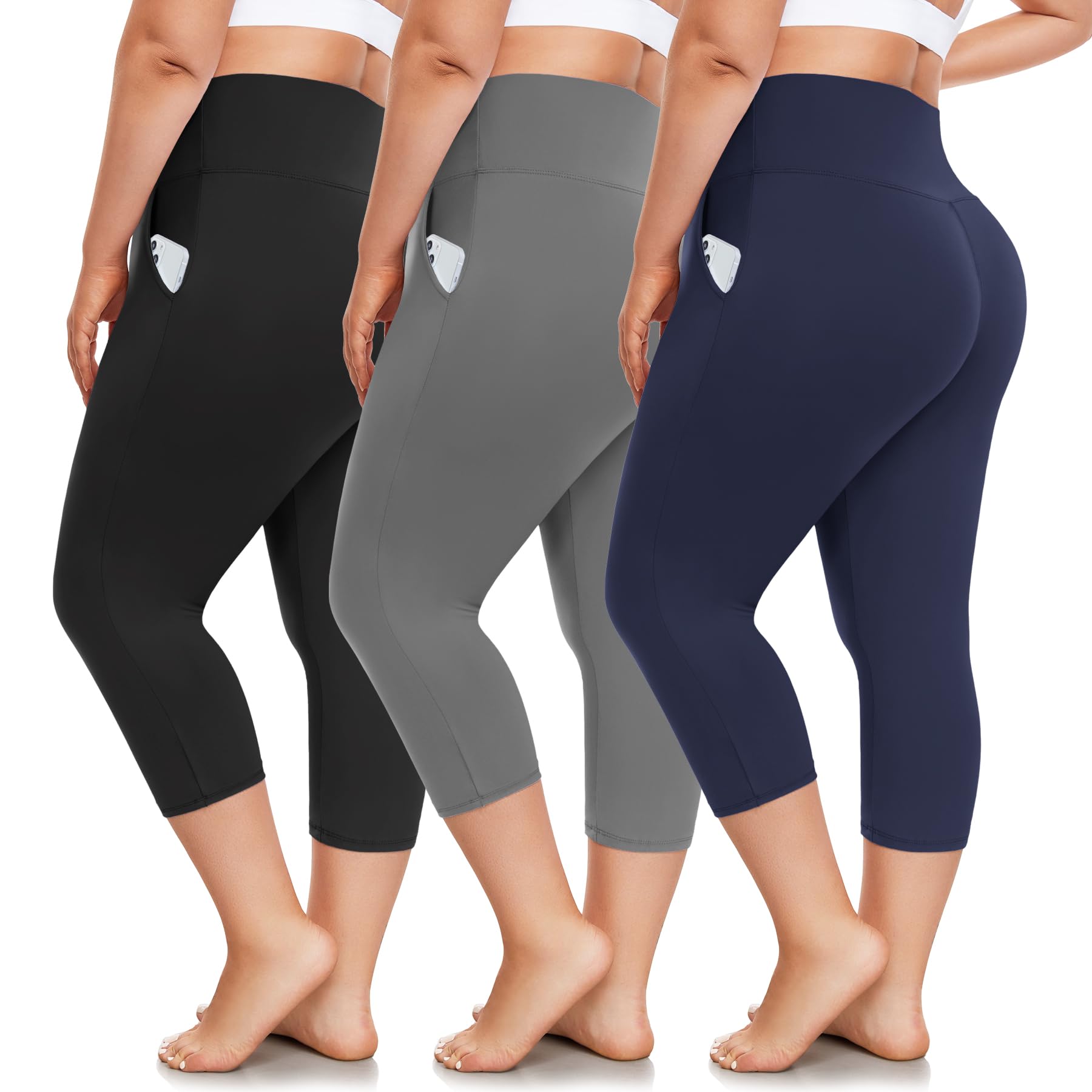 Kit 3 Leggings Capri Plus Size FULLSOFT - Cintura Alta Bolsos GG-4GG
