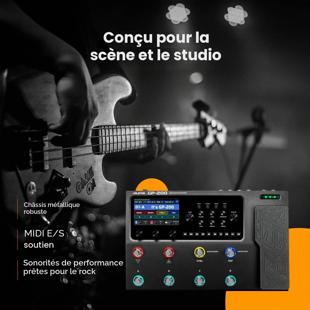 VALETON Pédale d'effet guitare basse Multi-effets Processeur Amp Modélisation IR Cabinets Simulation avec FX Loop MIDI I/O Expression Pédale stéréo OTG USB GP-200 + Bag