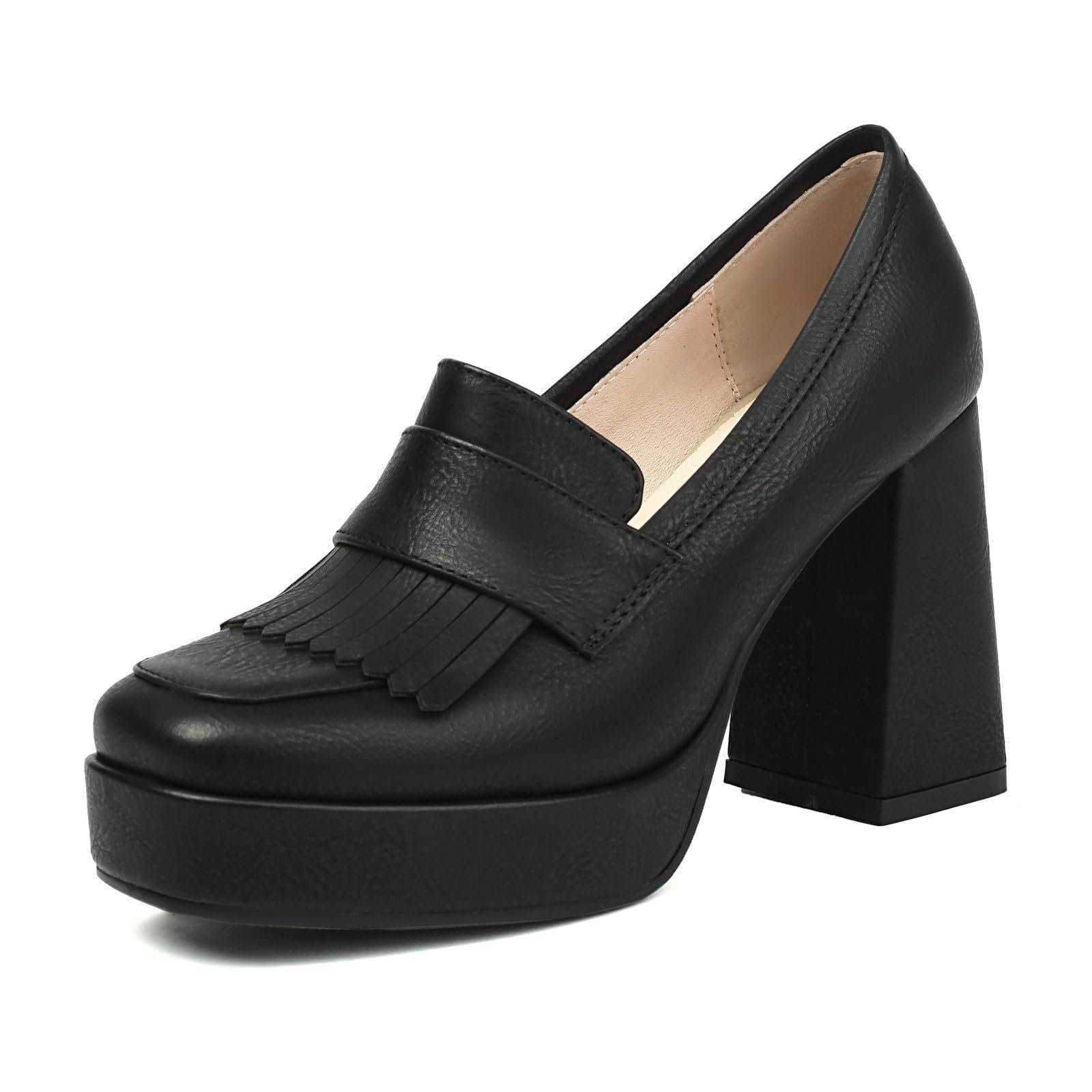 Women's Platform High Heel Loafers Square Toe Chunky Heels Slip On Pump Shoes with Tassel Decor-image-25
