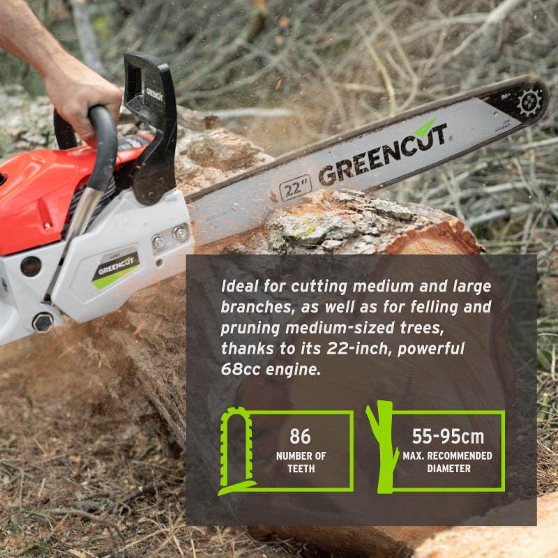 Tronçonneuse à Essence GREENCUT GS680X - Moteur 68cc 3.9ch - Guide 22" - Démarrage Facile - Anti-vibration