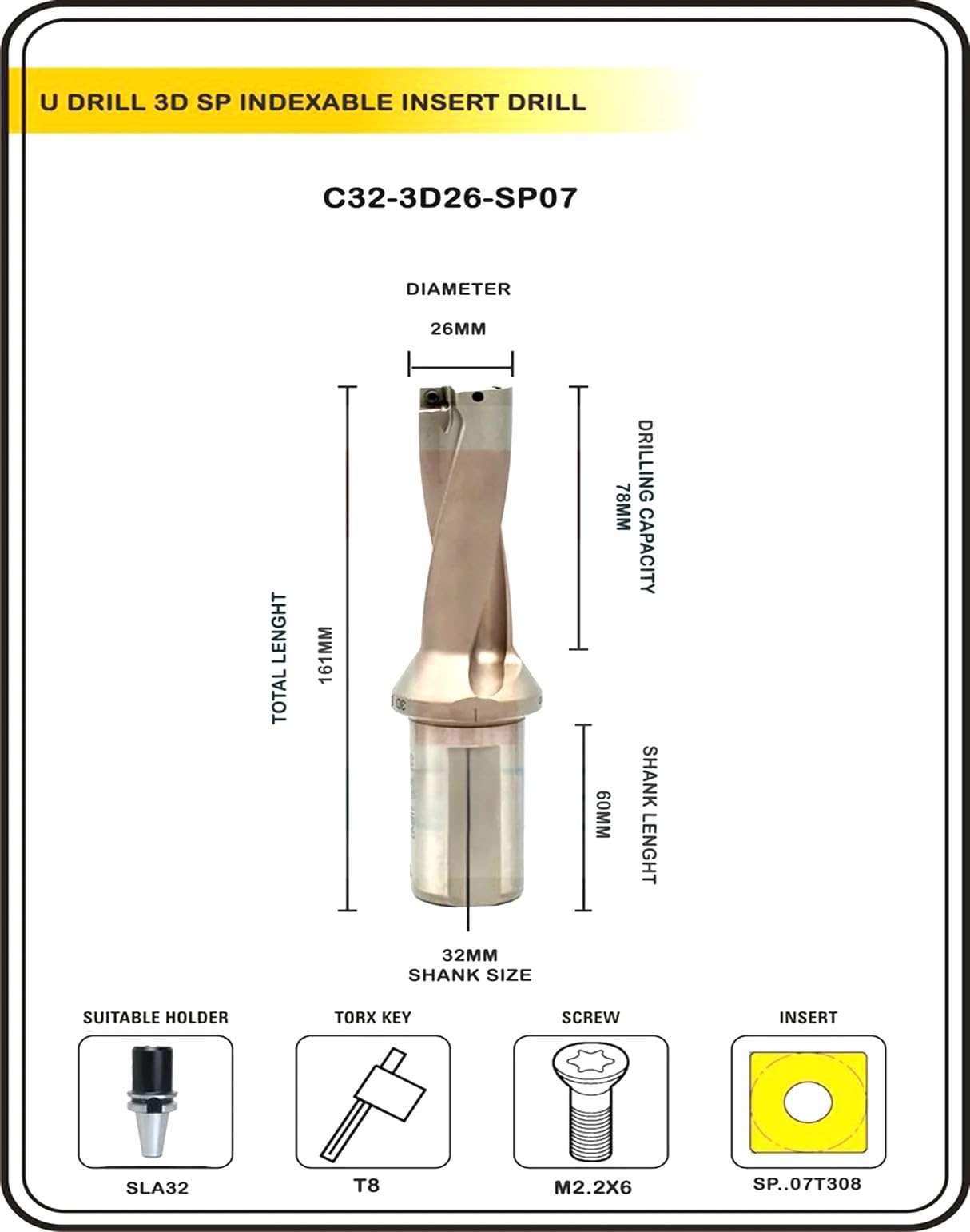 Buyohlic Indexable Insert U Drill 26 MM II Weldon Shank II Through Coolant II 10 pcs Carbide Inserts Free (Dia 26 mm~3D~32 mm Shank)