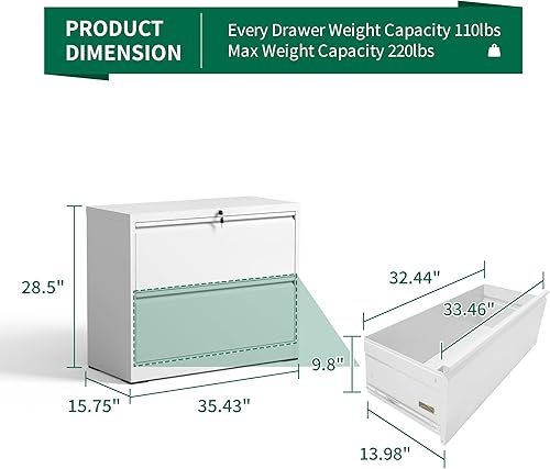 Miniatura 3 de Archivador lateral de 2 cajones para oficina en casa, archivador de metal con cerradura, cajones anchos de almacenamiento de archivos para carpetas