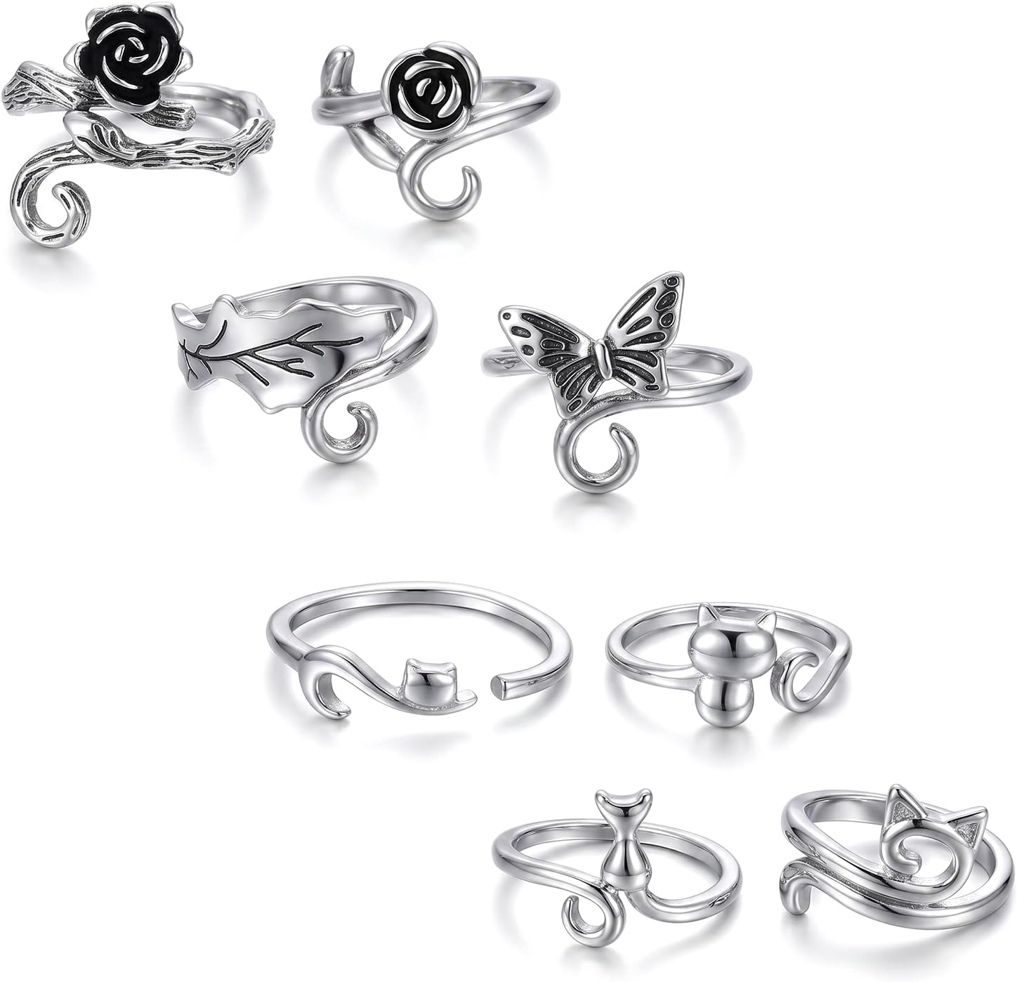 8pcs Crochet Ring for Finger, Adjustable Crochets Tension Ring, Knitting Crochet Loop Rings - Silver Zinc Alloy Cat Ear Butterfly Rose Leaf Motifs Set for Women Craft Gift