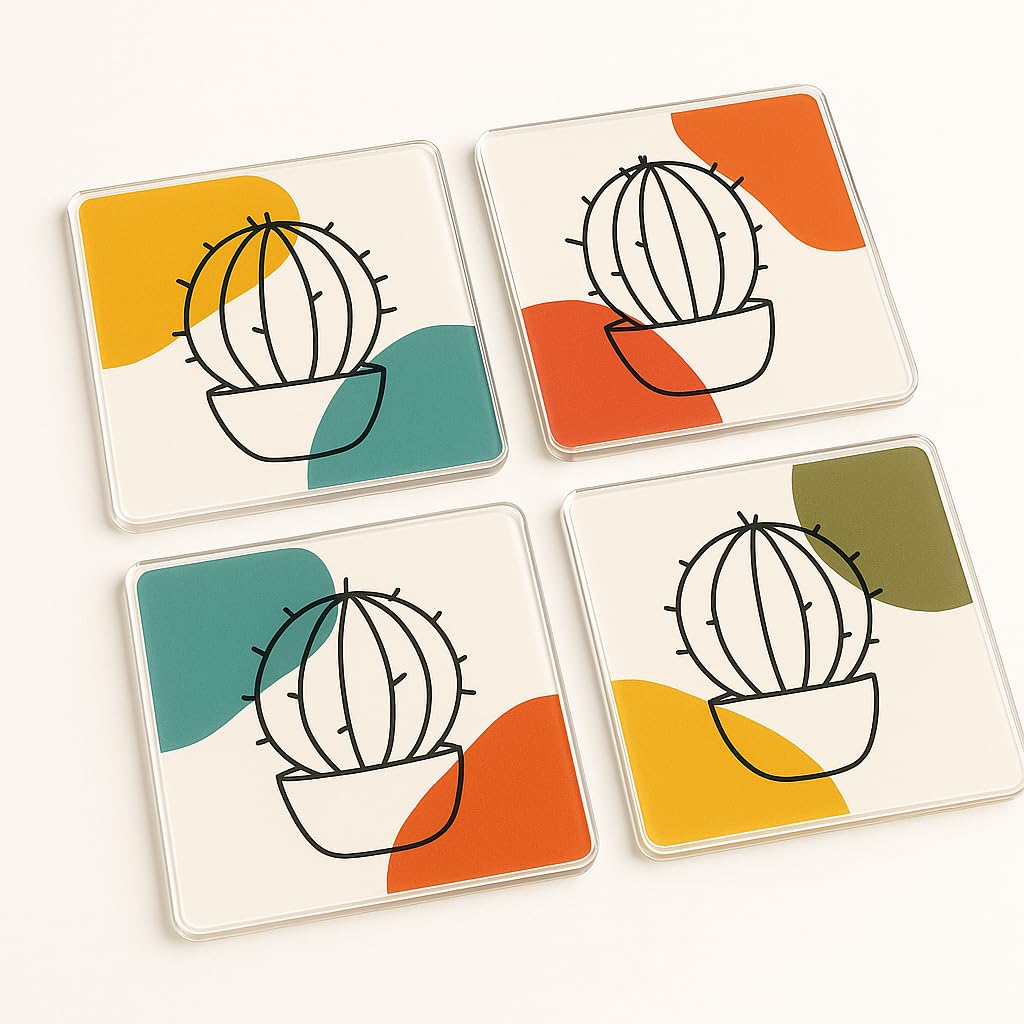 Acrylic Coaster Set of 4 with Minimalist Botanical Design - Mid-Century Pop Home Decor for Plant Lovers