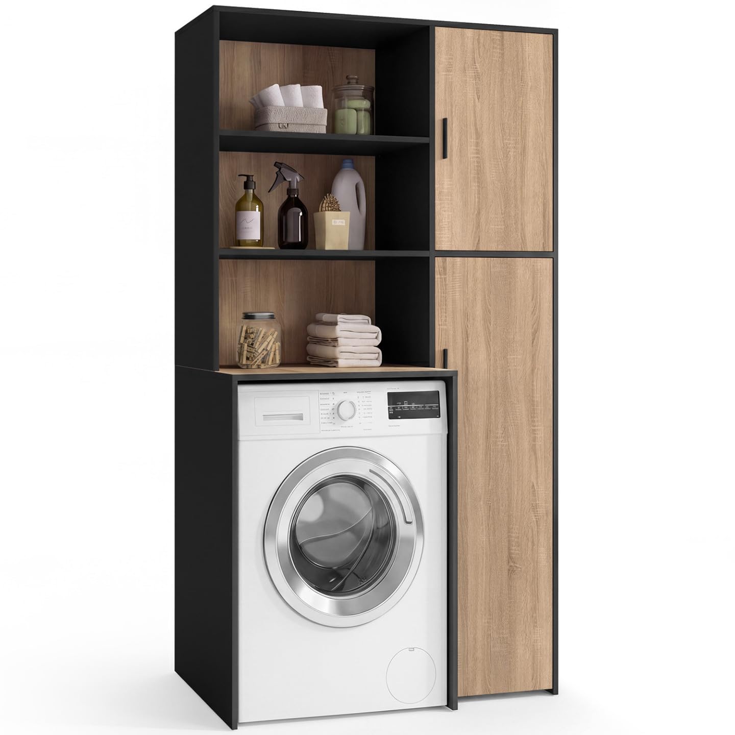 IDMarket - Wallis-Waschküchenmöbel für Waschmaschine oder Wäschetrockner mit Regalen und Stauraumschrank in Schwarz und Holzoptik