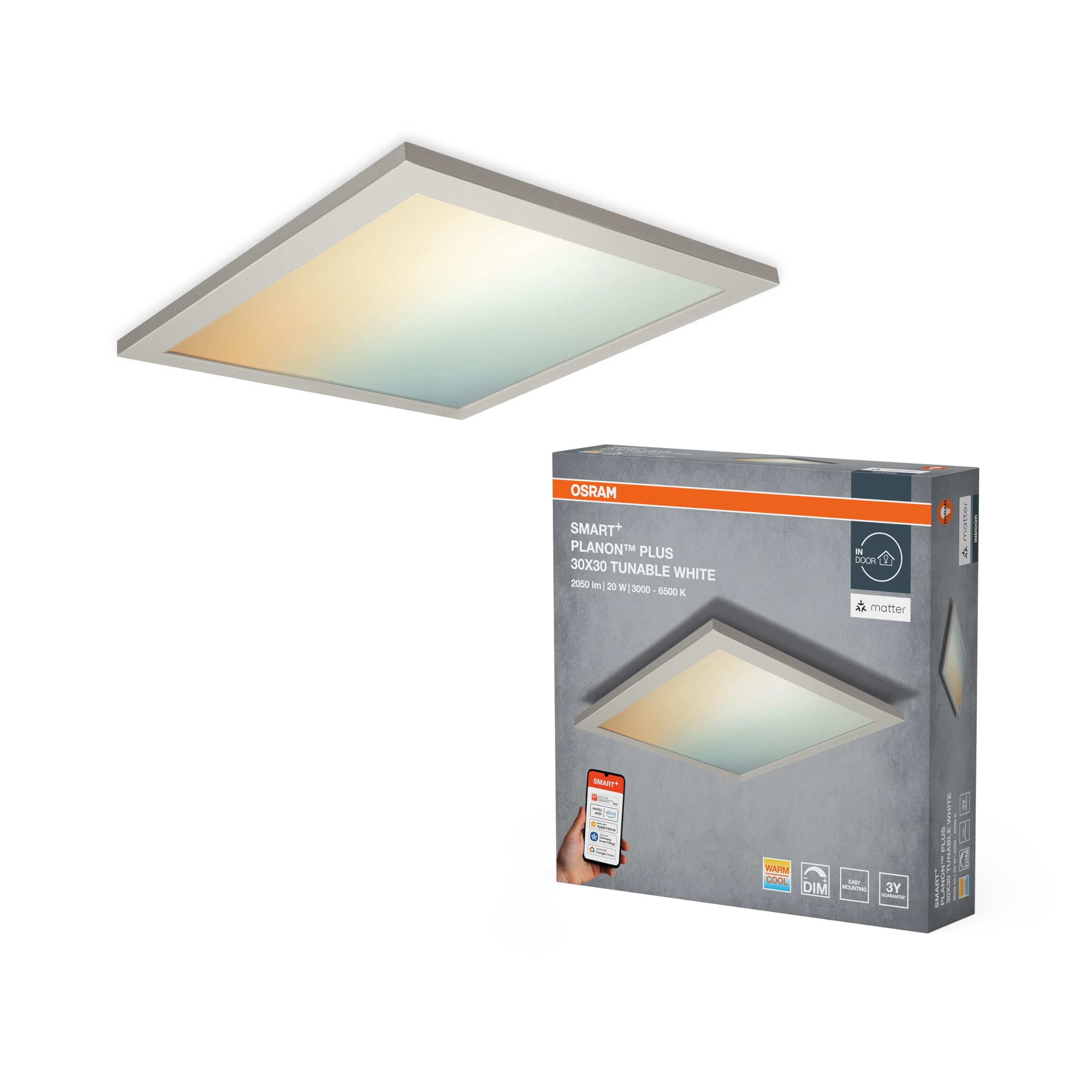 OSRAM SMART+ Matter PLANON PLUS PANEL LED ZMIENNA BIEL, 300x300mm, 20W, 1500lm, 3000-6500K, Matter WLAN | SMART+ MATTER Planon Plus Tunable White, oświetlenie wewnętrzne ścienne, biały, 25000 h, opakowanie 1 szt