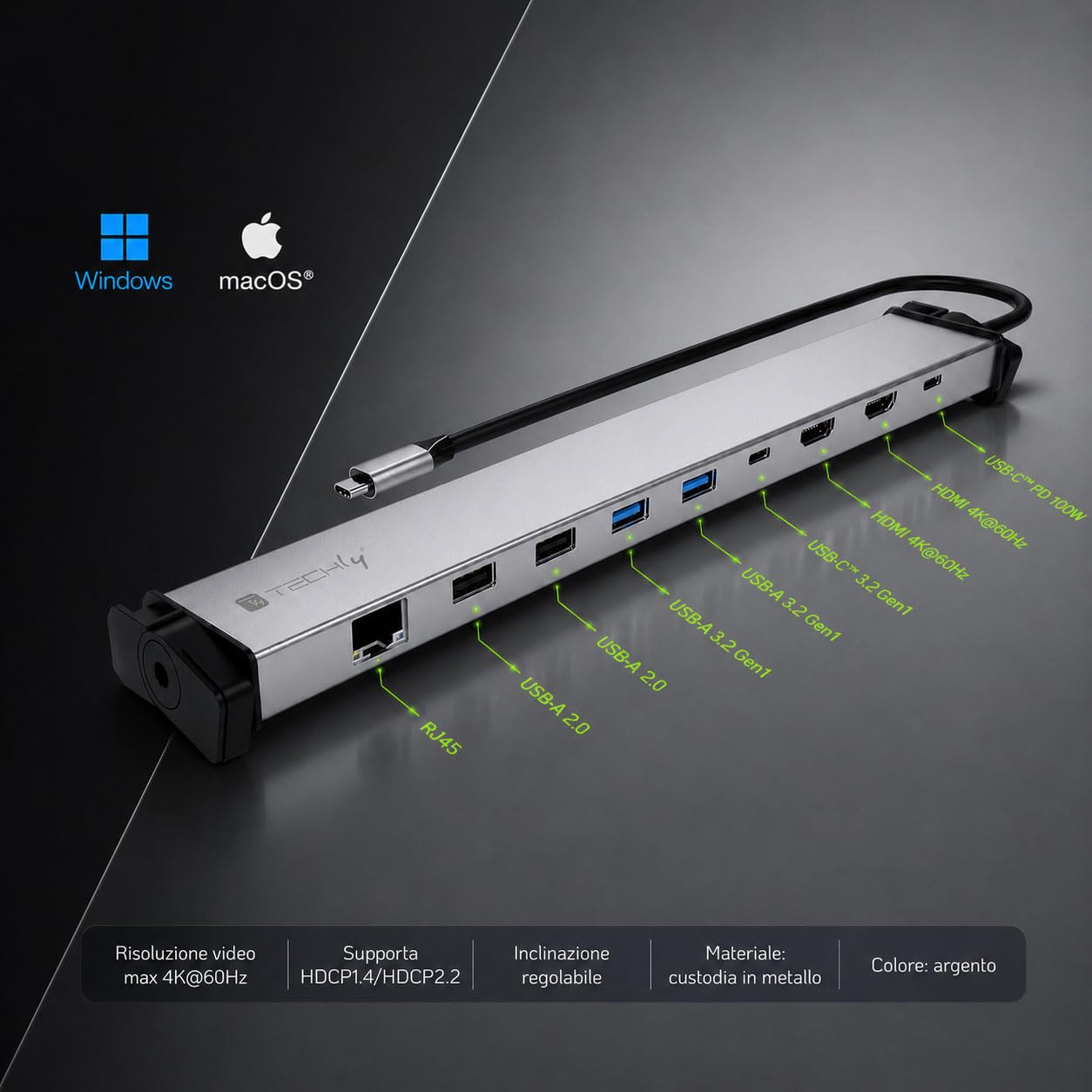 Techly 369298 Docking Station 9 in 1 USB-C™ Hub USB HDMI RJ45 Silver