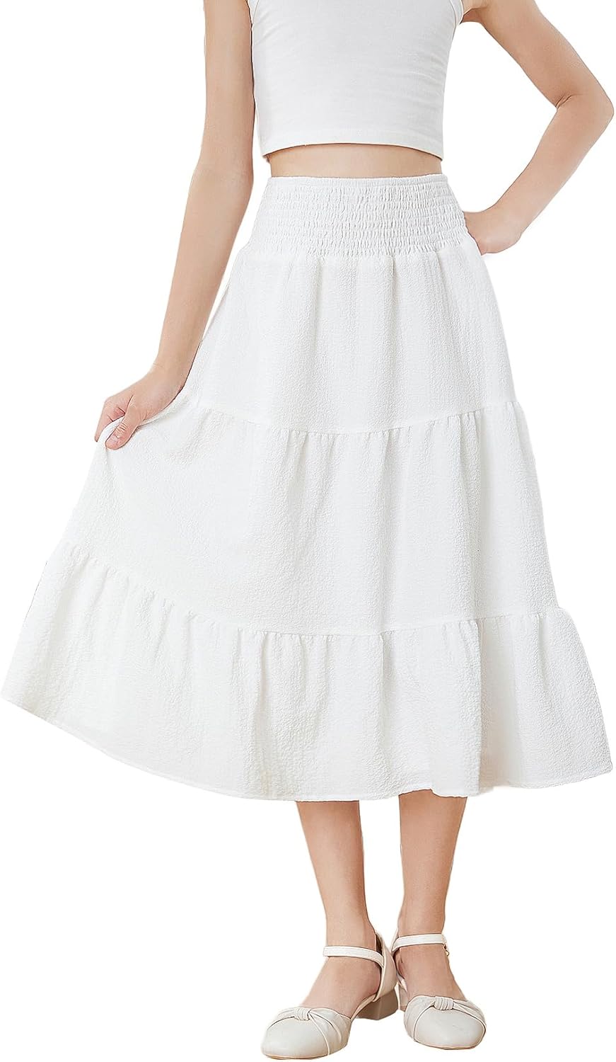 SHENHE Girl's Tiered Midi Skirt Smocked Waist Ruffle Flowy Summer Long Skirt