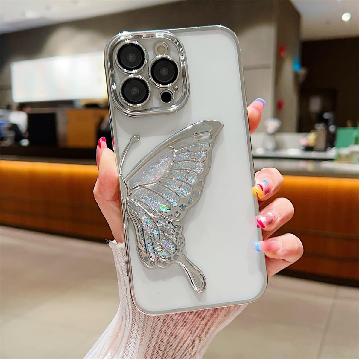 Custodia protettiva con farfalla glitterata, compatibile con iPhone 12