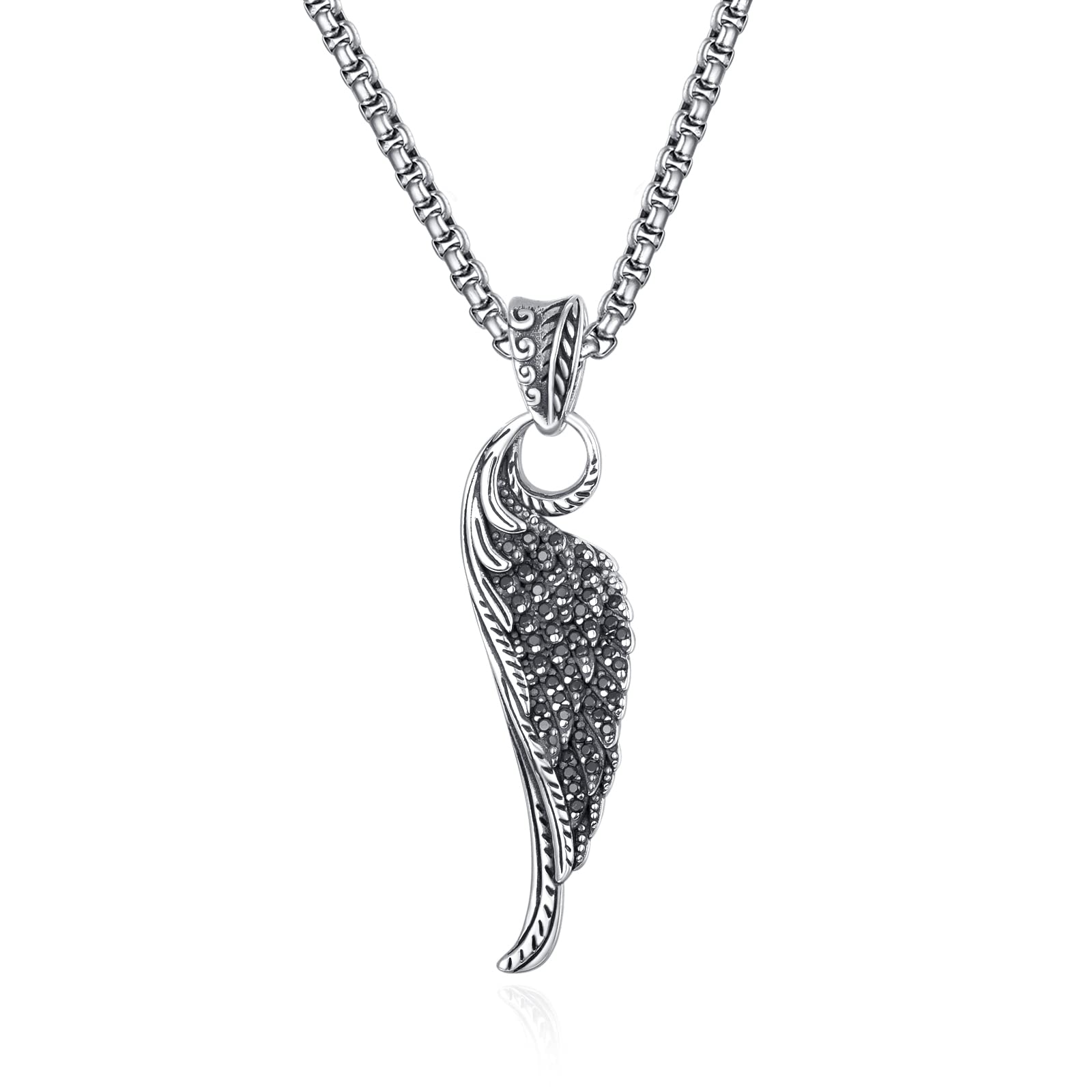 KATHLUReligious Angel Wing Pendant Necklace for men Women Sterling Silver Eagel Wing Jewelry with 20''+2'' Stainless Steel Chain Gift Box Father's Day, Sterling Silver, Cubic Zirconia