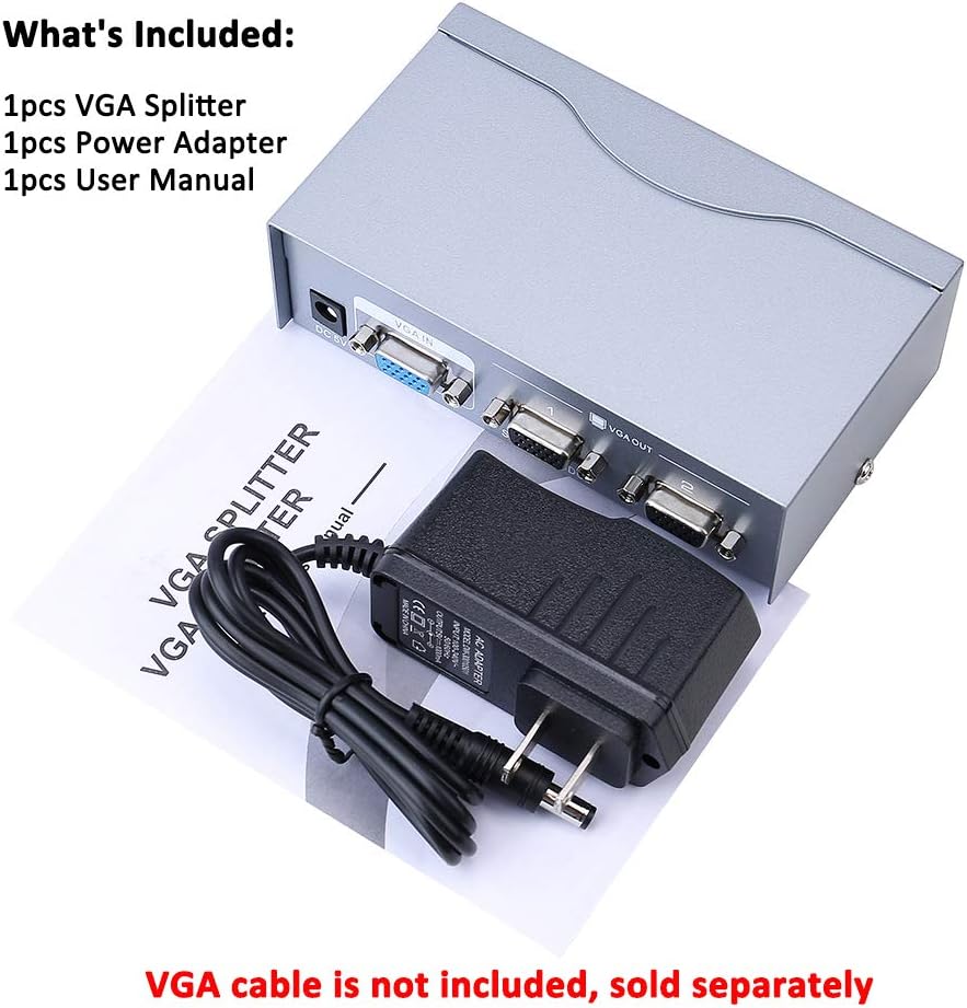 DTECH Powered VGA Splitter 1 in 2 out Video Distribution Box Signal Copy with Power Adapter 500MHz High Resolution 1080p