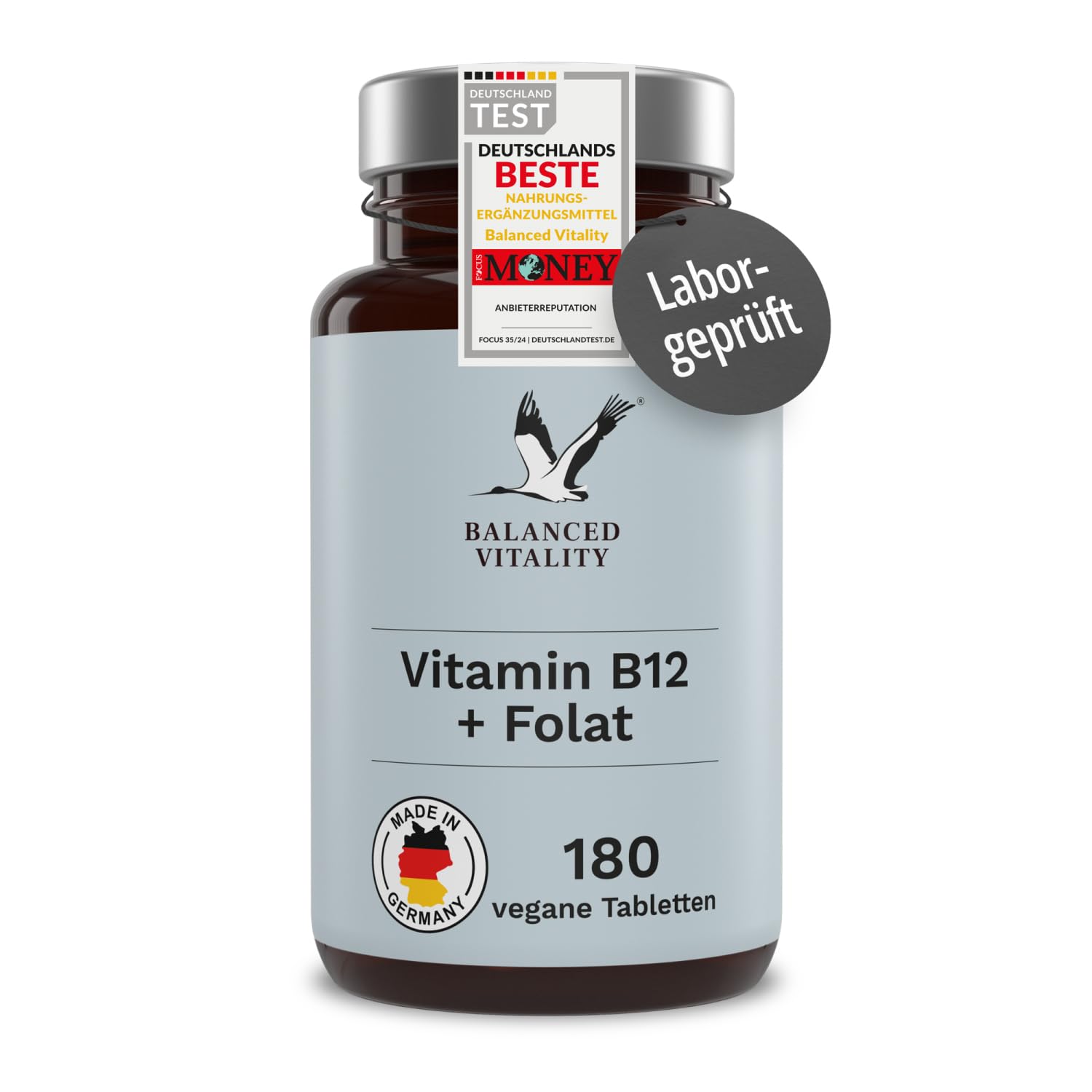 Vitamin B12 + Folsäure - 500 µg Vit B12 je Tagesdosis - 180 vegane Tabletten Jahresvorrat - Depot mit bioaktiv Formen - ohne Zusatzstoffe - laborgeprüft - Balanced Vitality