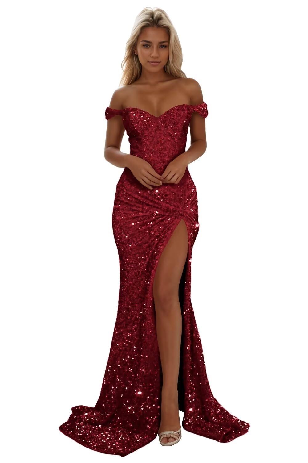 Basgute Sparkly Sequin Mermaid Prom Dresses for Women Long Bodycon Off Shoulder Formal Evening Party Gown with Slit