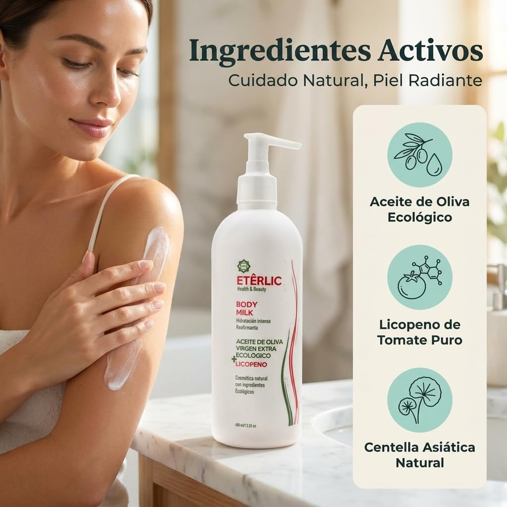 ETÊRLIC Body Milk 400ml - Cosmecéutico Natural con ACEITEROL | Aceite de Oliva Ecológico, Centella Asiática, Antiinflamatorio, Antioxidante, Reafirmante para Piel Madura