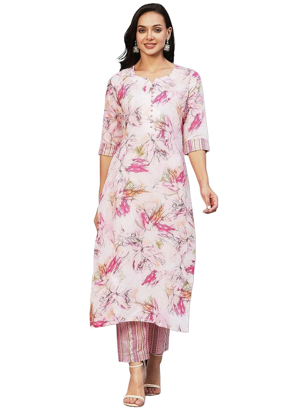 Mehta Casual Wear Printed Straight Cotton Kurta with Pant Set for Women Pink Colour