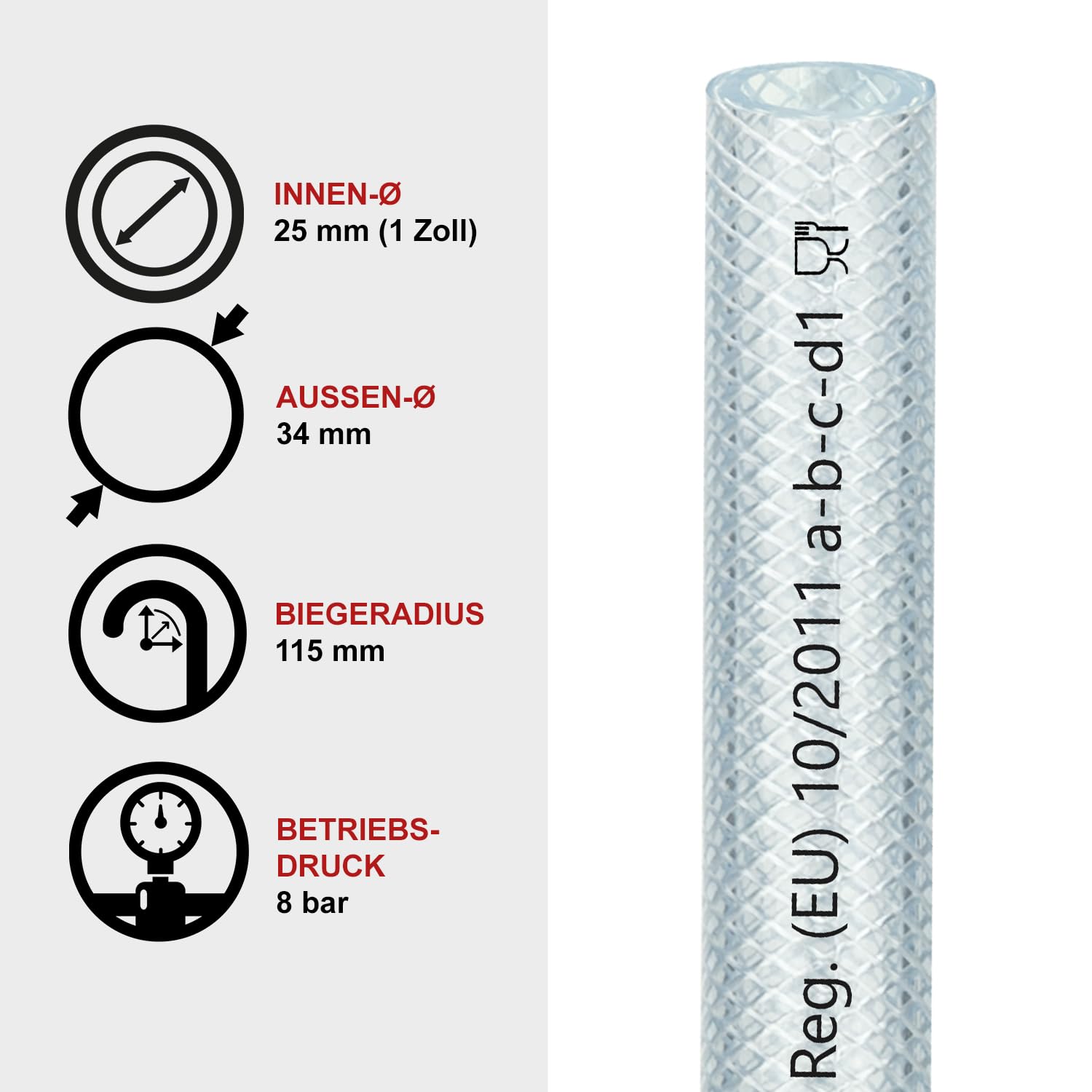FLEXTUBE TX Ø 25mm x 4,5mm (1"), 15m de long, Qualité alimentaire, tuyau en PVC pour air comprimé, résistant à l'air, à l'eau, aux huiles conditionnelles et aux produits chimiques