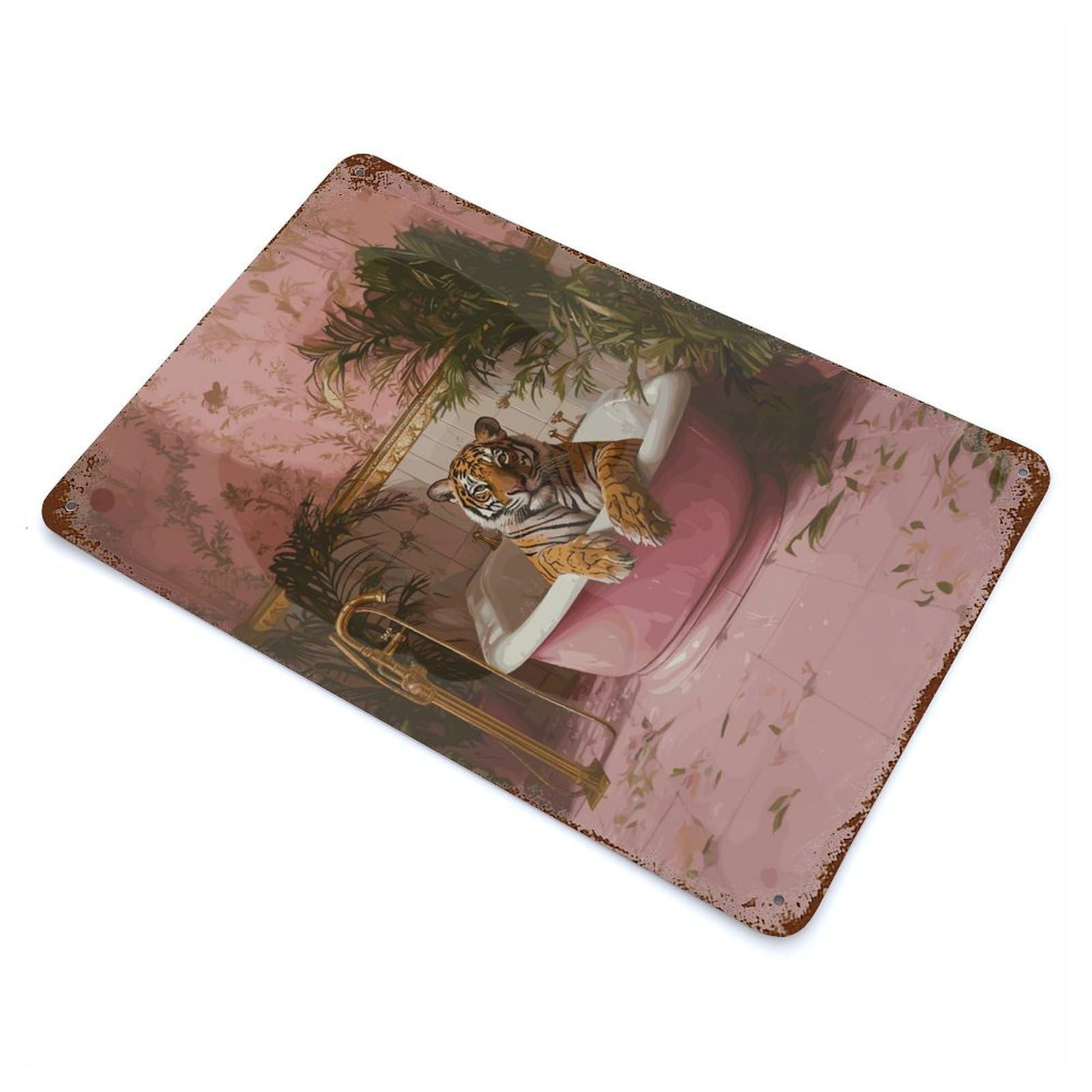 Retro Metal Sign Tiger in A Pink Tub 11.8"x7.9", Retro Wall Decor for Living Room, Hallway And Home Decor