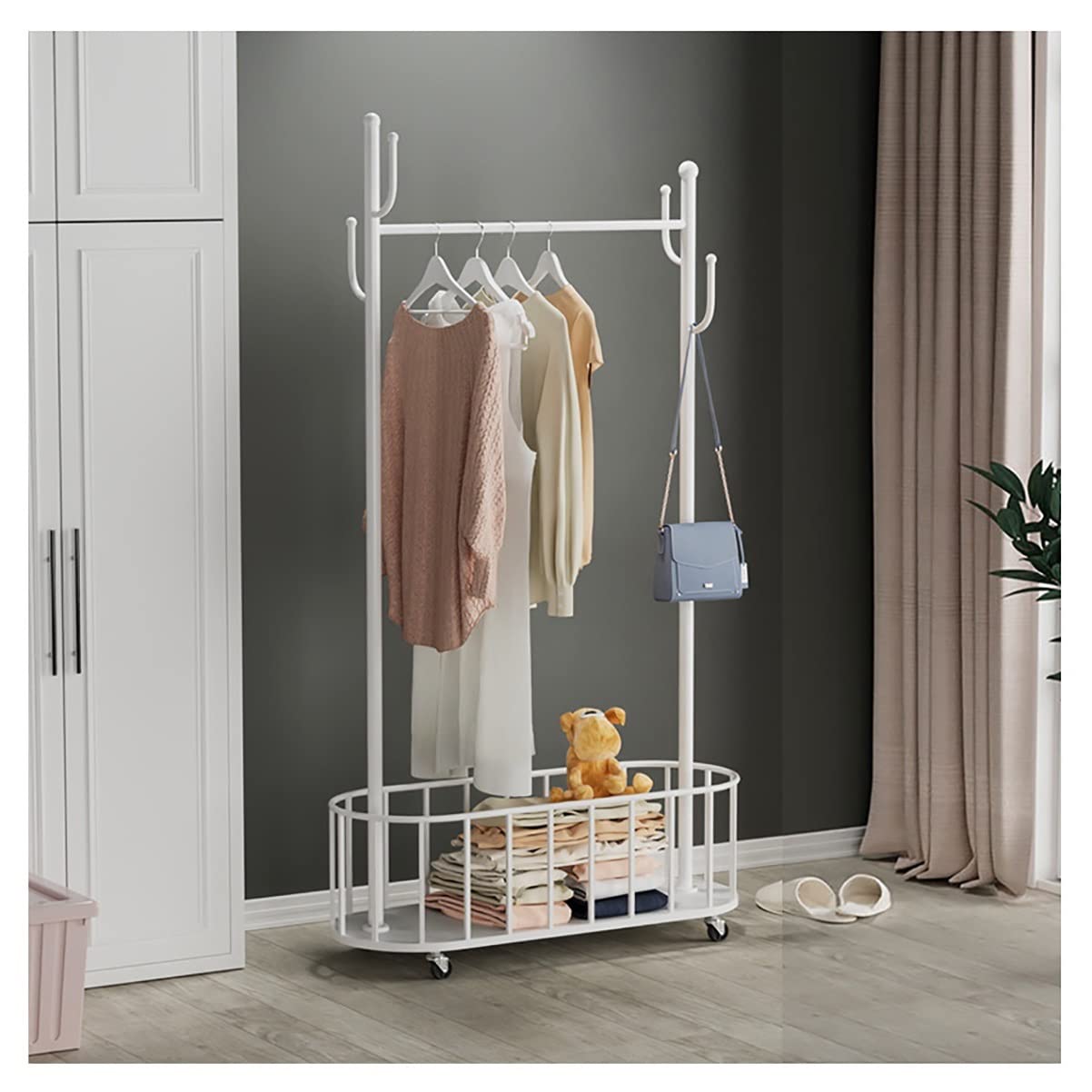 TCXSSL Metal Garment Rack Clothing Rack With Basket Rolling Storage Cart Clothes Organizer On 360° Wheels For Home Bedroom Laundry Small Place Entryway (Color : White, Size : 80cm)