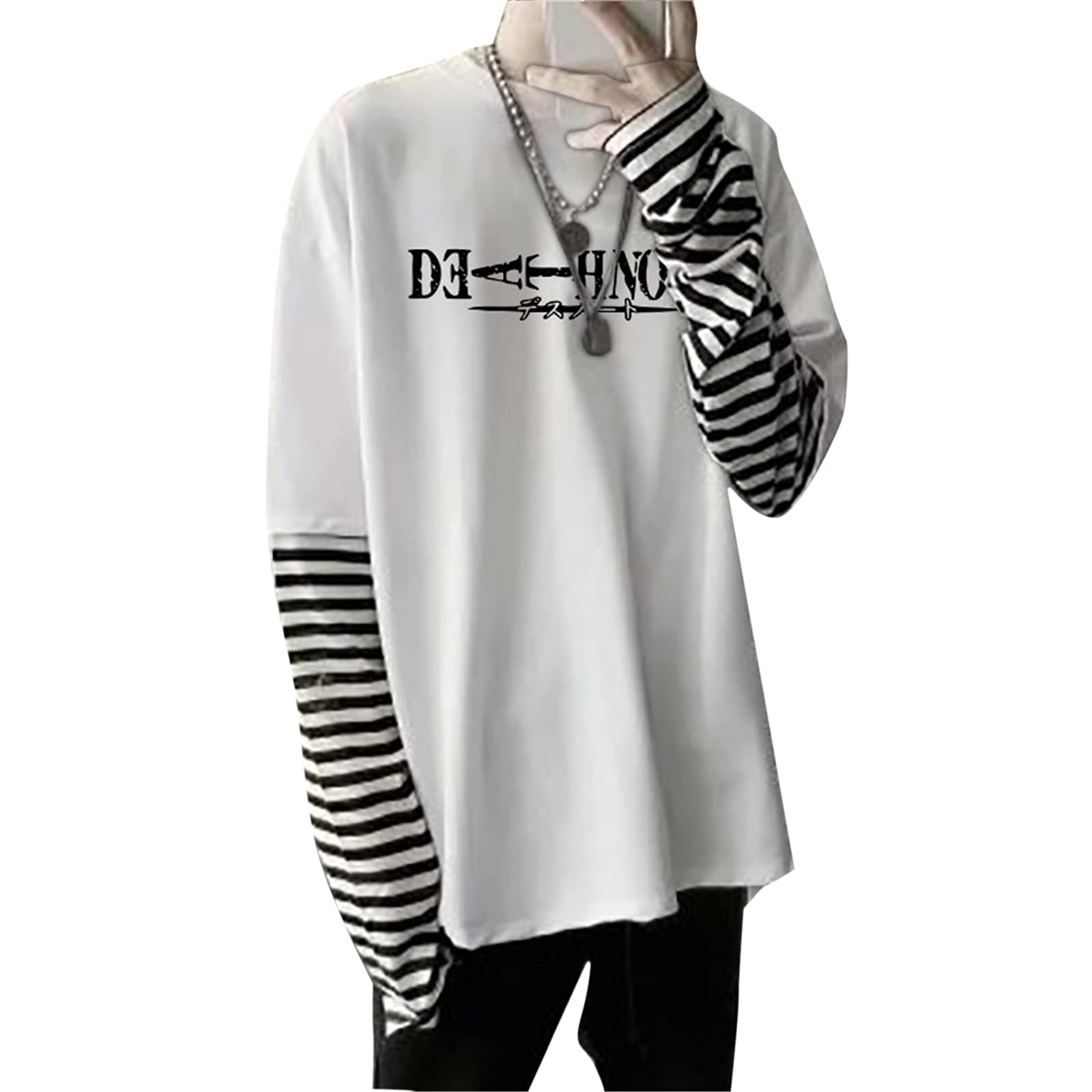 oneforus Anime Death Note Printed Long Sleeve T-Shirt Streetwear Hip Hop Unisex Oversize Fake Two Stripe Sleeve T-Shirts