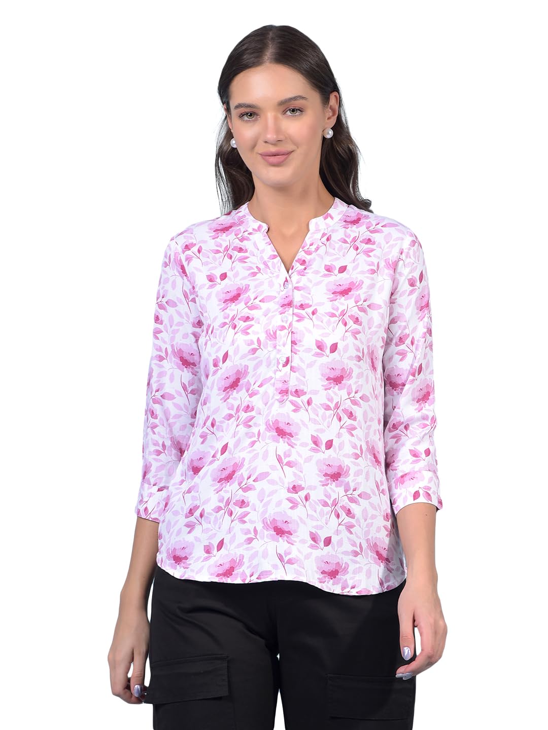 crimsoune club Women's Pink Floral Print V-Neck Top-picture-19