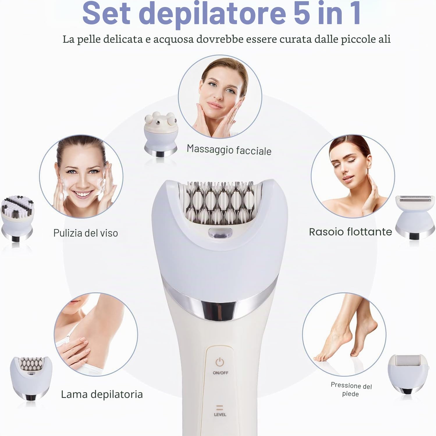 Epilatore Elettrico Wireless 5 in 1 per Donna, per Gambe e Corpo, Bagnato e Secco, con Rasoio, Esfoliante, Pulizia e Massaggi