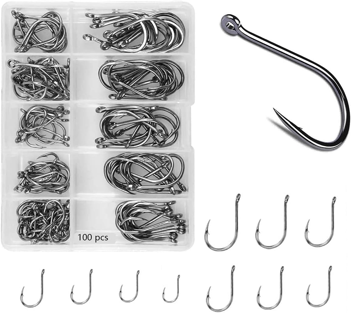 Fish Hooks, 100 PCS Fishing Hooks in 10 Sizes, Circle Hooks Fishing