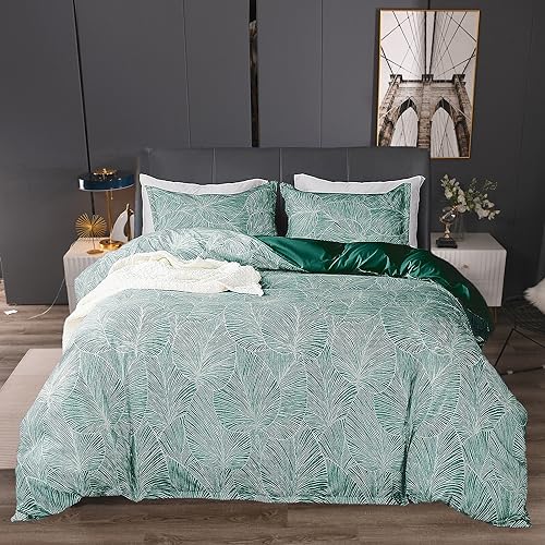 Set Housse de Couette 200x200 cm Tropicales Vert Palmier Feuilles Botanique Imprimé Motif pour 2 Personnes,TT Global 3 Pièces Doux Chic Microfibre Parure de Lit avec 2 x Taies d'oreiller 65x65 cm