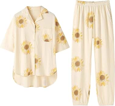 Amazon | [AOBRICON] 前開きパジャマ レディース 寝間着 夏 ひまわり柄