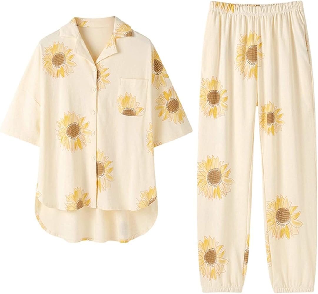 SUKU  ひまわり模様 ルームウェアセット Amazon | [AOBRICON] 前開きパジャマ レディース 寝間着 夏