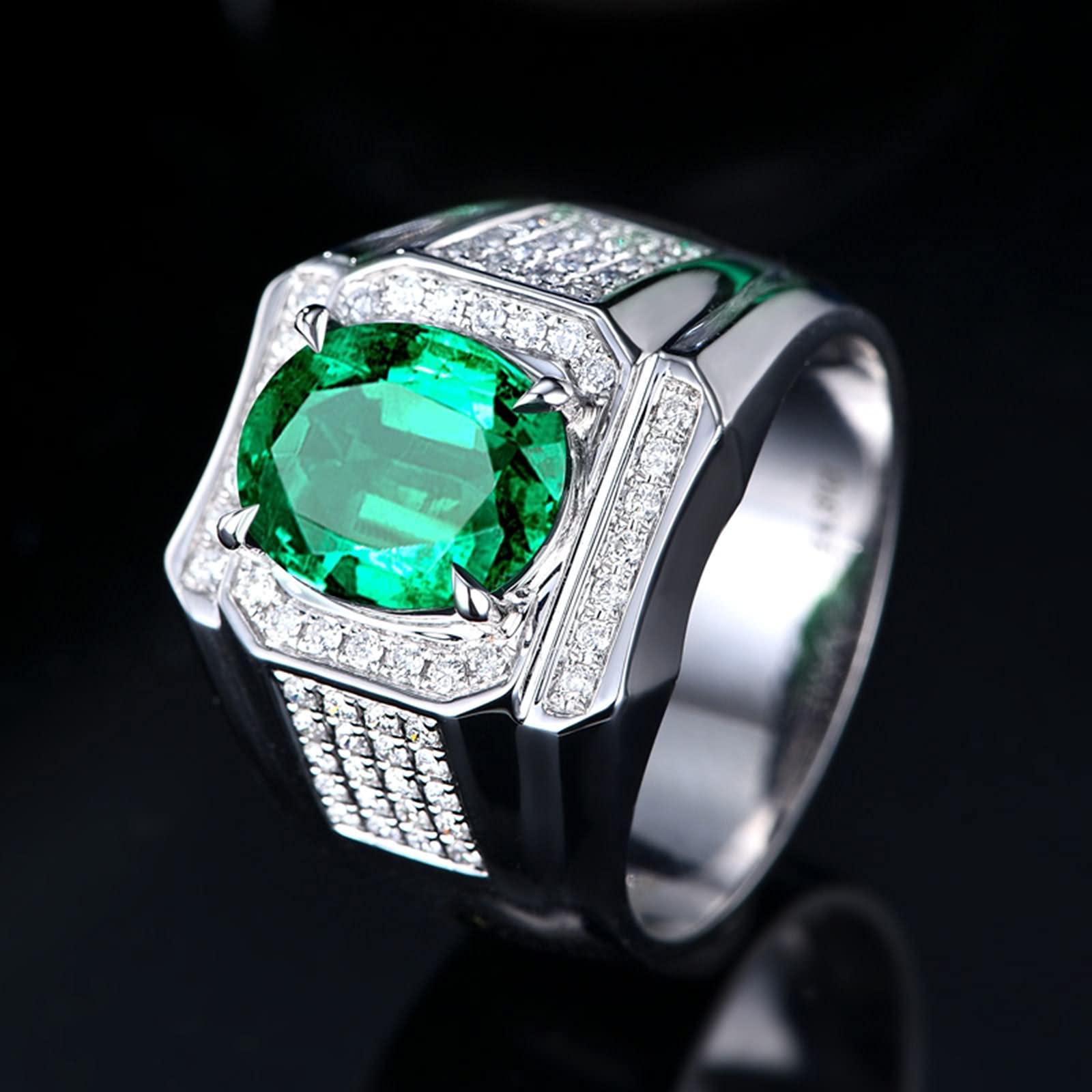 Ring Männer Gold, Ring aus 18 Karat Gold/925 Sterling Silber Breit Oval Lab Schuf Smaragd 3ct