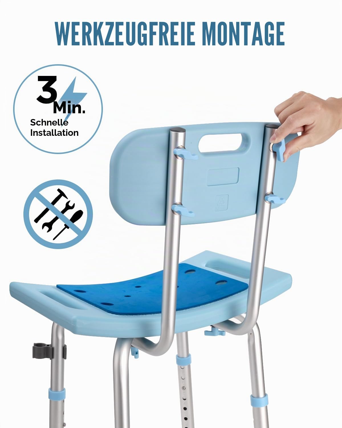 Duschhocker mit Abnehmbarer Rückenlehne, Duschstuhl für Senioren 150KG Belastbar, Höhenverstellbar 34-50cm, Aluminium Duschsitz, Badestuhl, Badehocker für Badewannen