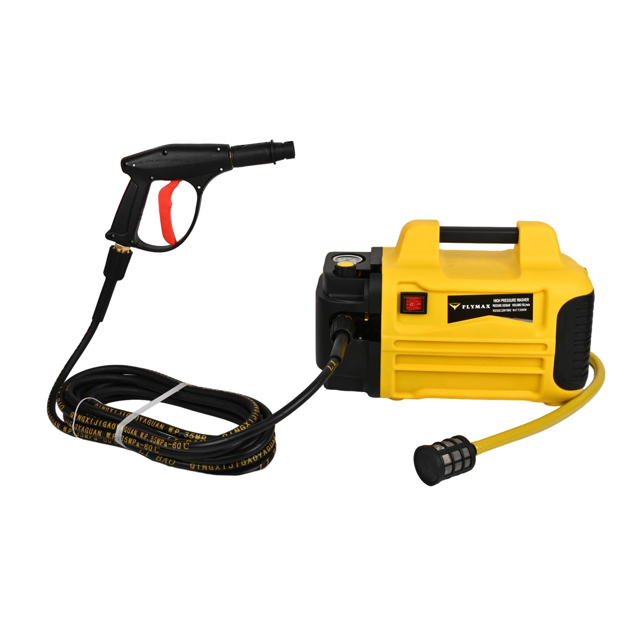 HYCO Label FLYMAX Electric High Pressure Car Washer Machine, 3000W, 180-220 Bar Pressure, 10L/Min Flow Rate, 10M Hose Pipe, Black and Yellow, with Spray Gun-image-16