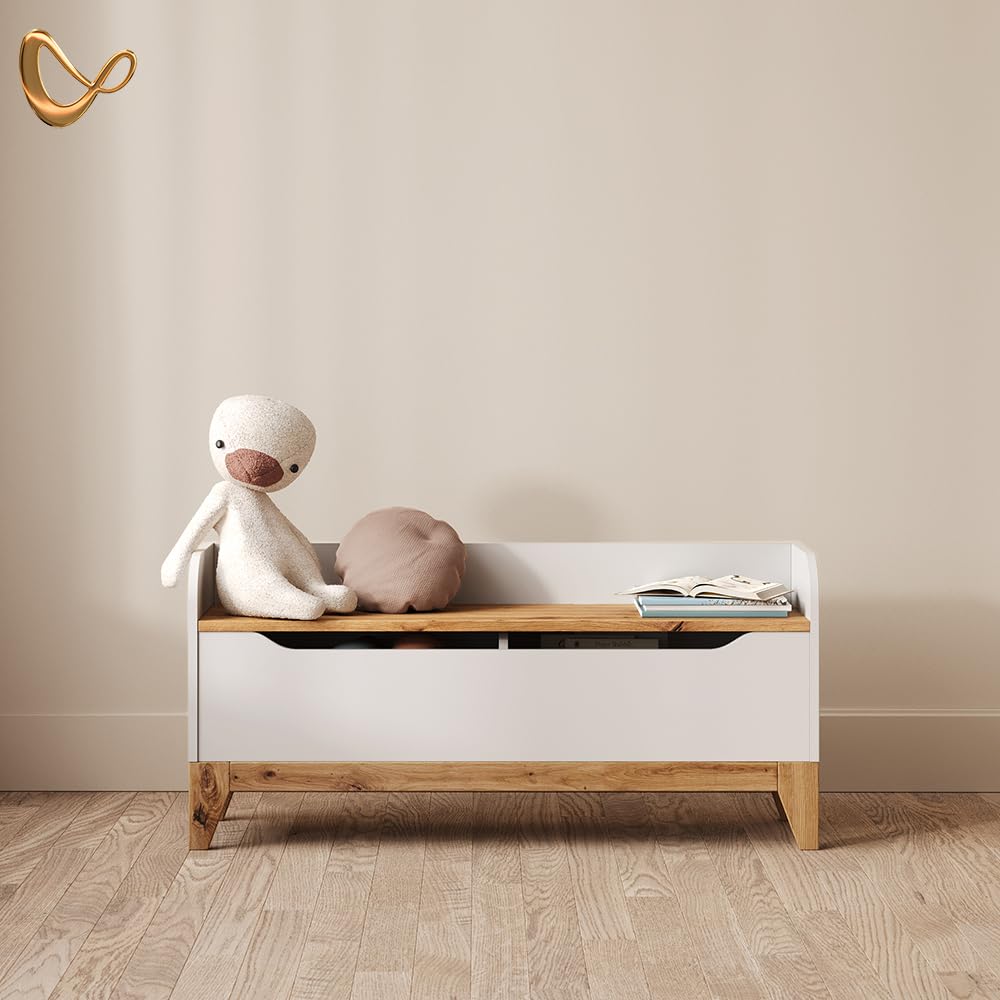 Livinity Spielzeugtruhe Mailo, Weiß/Artisan, 107.2 x 50 cm mit Sitzbank