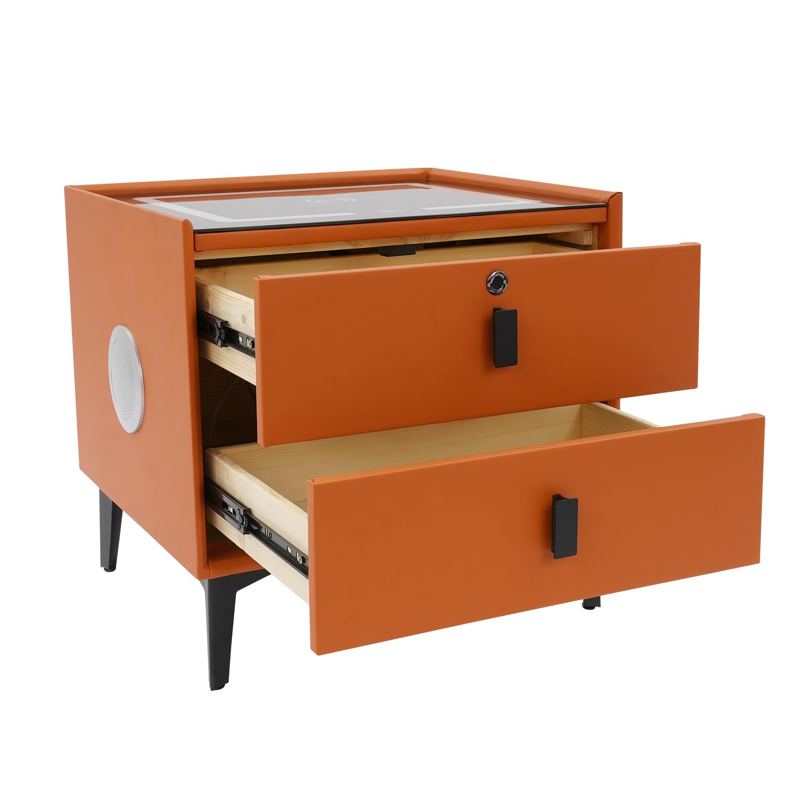 Kompakter Smart Nachttisch 50x40x46cm, Elektrischer Nachttisch USB Ladestation, Fingerprint Schloss, Bluetooth Box, 2 Schubladen und 3 farbige LED-Beleuchtung (Orange)