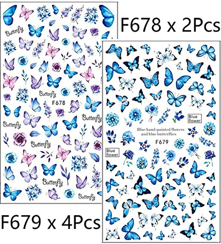 Blue Butterfly Nail Art Stickers Decals Jmeowio Self Adhesive Nail Stickers 6 Sheets Butterfly Design Manicure Tips Nail Decoration For Women Girls #TOP1