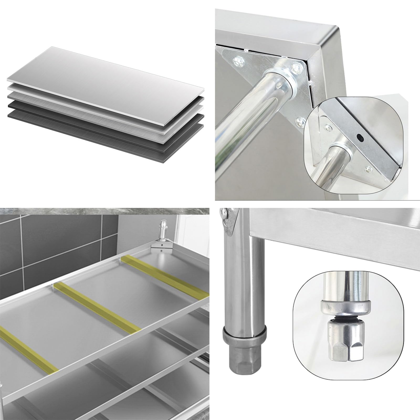Mesa de Trabajo de Cocina para el hogar con Tres estantes de Almacenamiento, Mesa de preparación de Acero Inoxidable, Mesa de encimera Comercial Multifuncional, Mesa de Metal (80 x 50 x 80 c