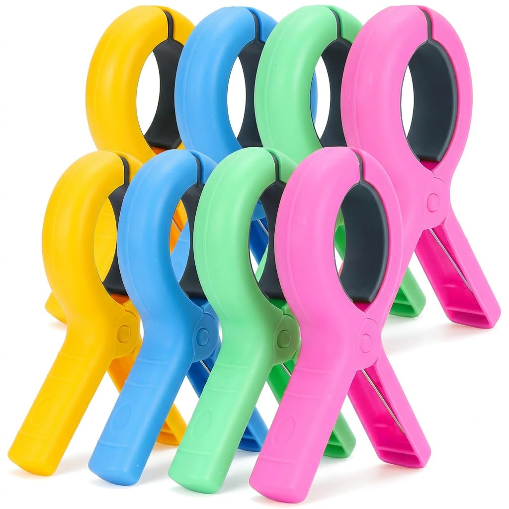 8 PCS Large Beach Towel Clips for Sun Loungers, 4 Colors Strong Windproof Towel Pegs for Sun Lounger, Heavy Duty Plastic Sunbed Towel Clips for Laundry Pool Chairs Sunbeds Washing Line