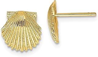 Brincos de ouro amarelo 14 k recortado, concha do mar, sereia, náutica, joias, pino e botão de bola, vida animal, joias finas para mulheres, presentes para ela, Cristal Ouro amarelo Concha