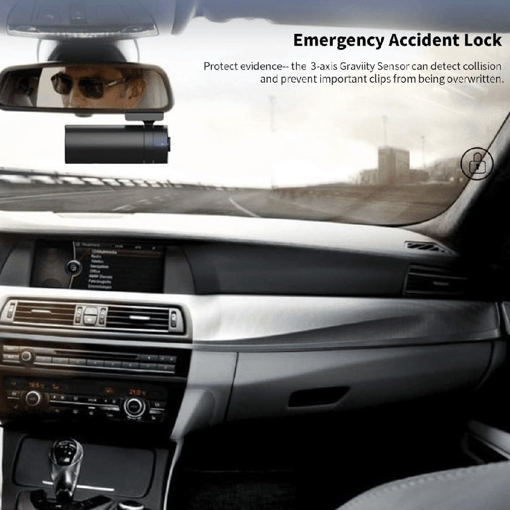 ddpai Mini 5 Dash Cam mounted in a car, showing the Emergency Accident Lock feature in action during a potential collision.