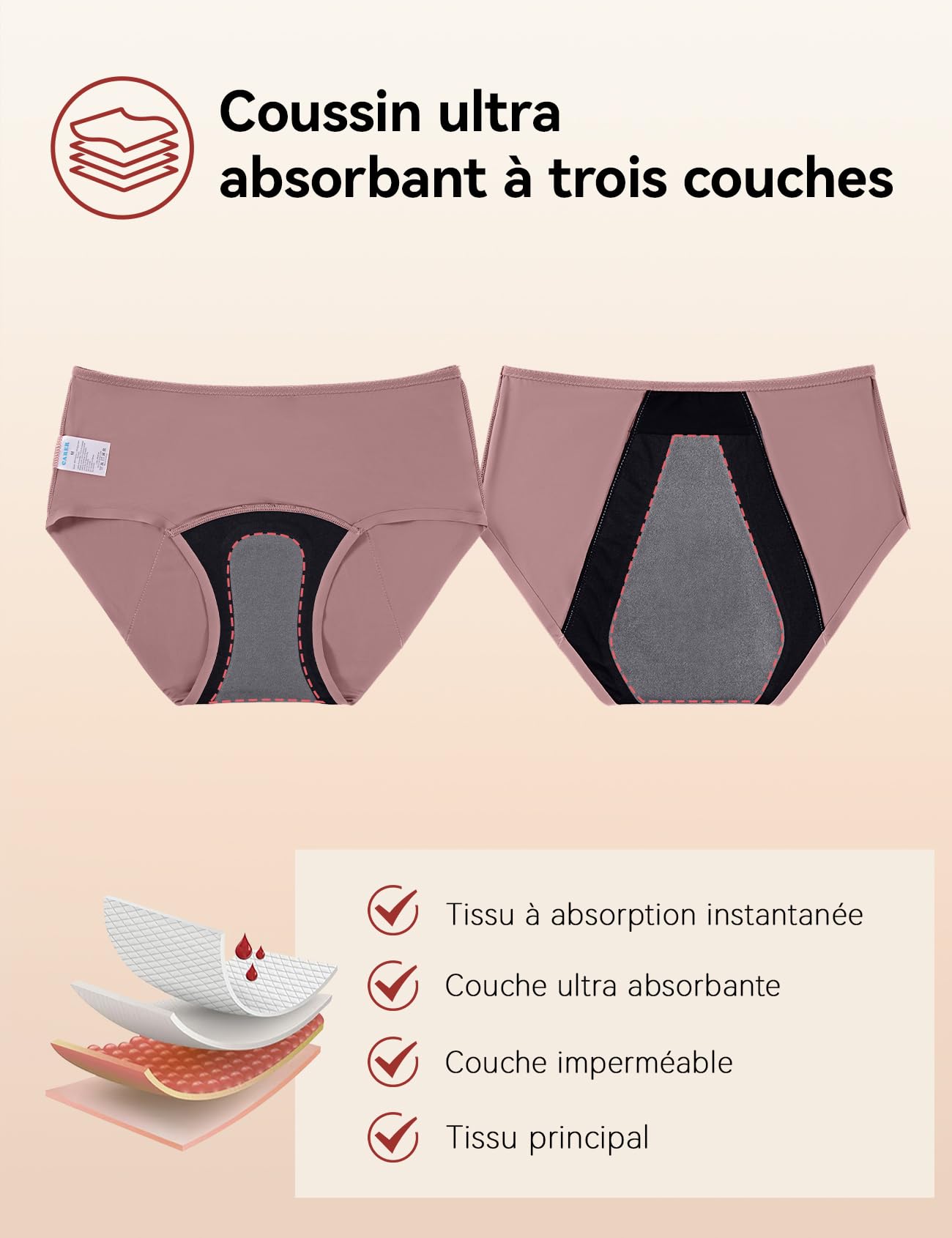 Carer Lot de 3 Culottes Incontinence Femme, Culottes Menstruelles Flux Abondant Réutilisables avec Coussin Absorbant de 150 ml pour Incontinence Modérée et Usage Nocturne pendant les Règles