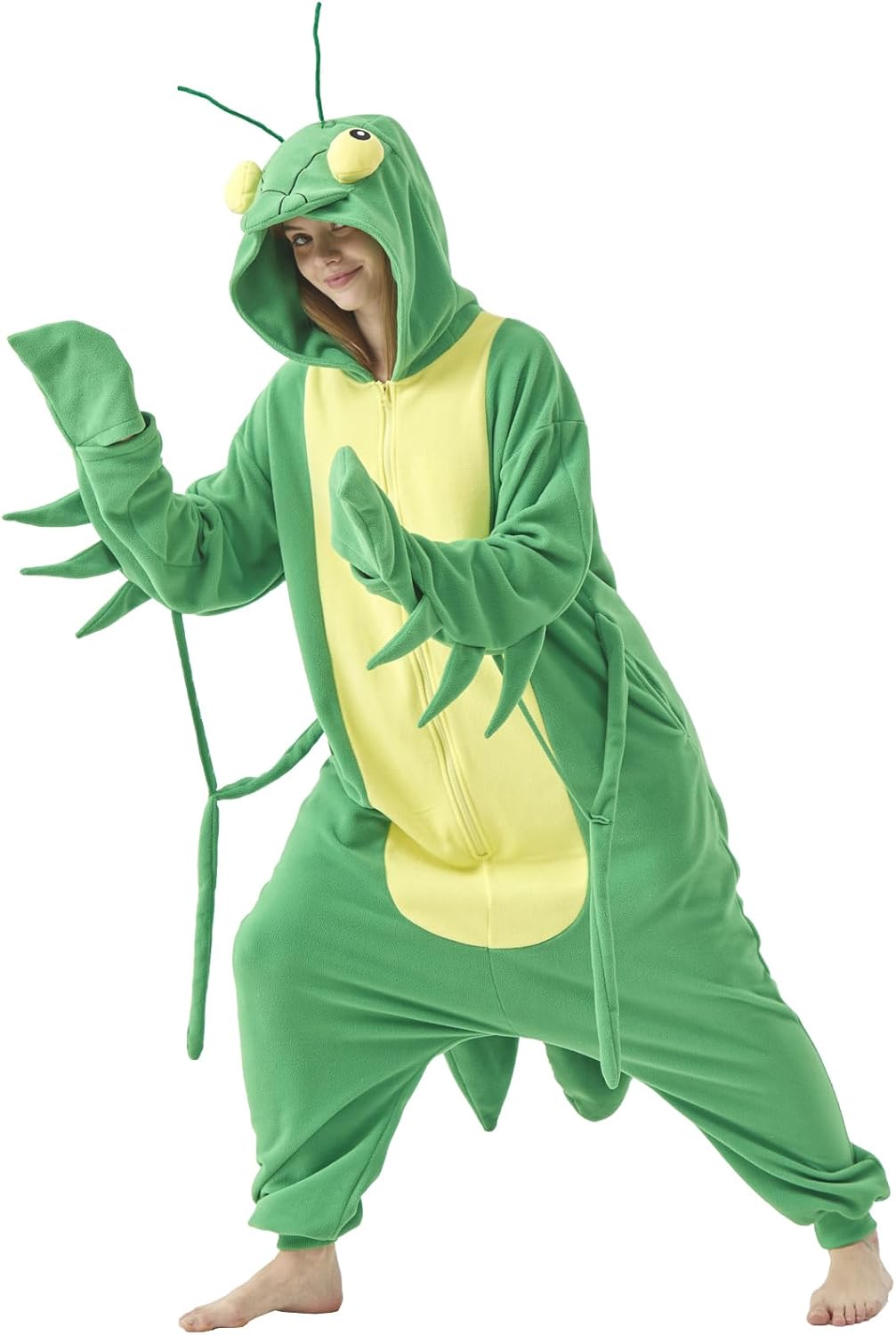 Adult Praying Mantis Onesie Pajamas Mantis Cosplay Costume Halloween One-Piece Jumpsuit for Women Men
