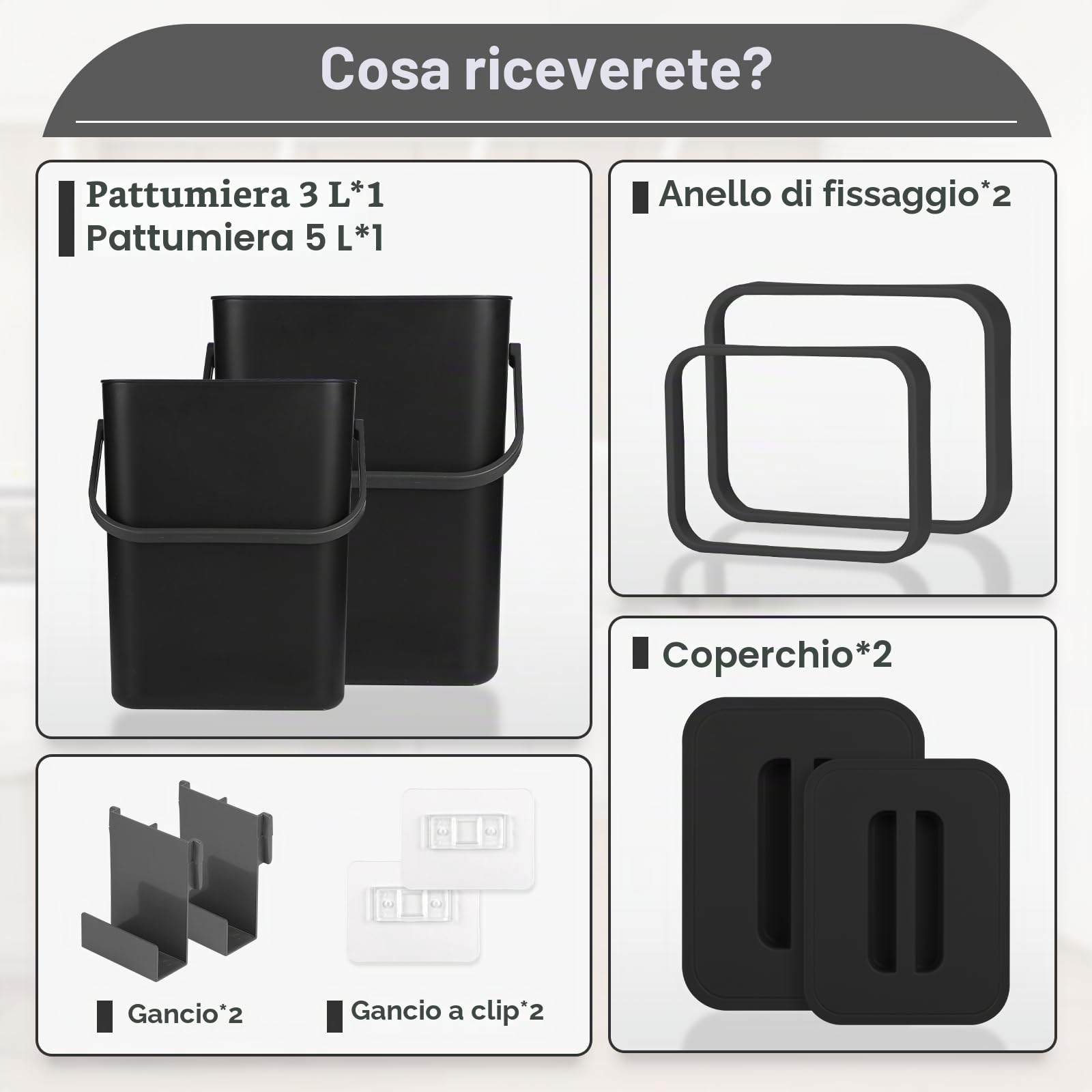 lalago Secchio per il compost da cucina (5L+3L), Bidone per rifiuti organici sospeso, Contenitore sospeso con coperchio per cucina, bagno, auto, ufficio, camera da letto (Nero)