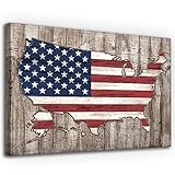 Vintage American Flag Canvas Wall Art Red White Blue Map Shape Flag of US Patriotic Pictures Artwork Wood Plank Effect Canvas Print for Living Room Bedroom Office Kitchen Wall Decor 20' x 28'