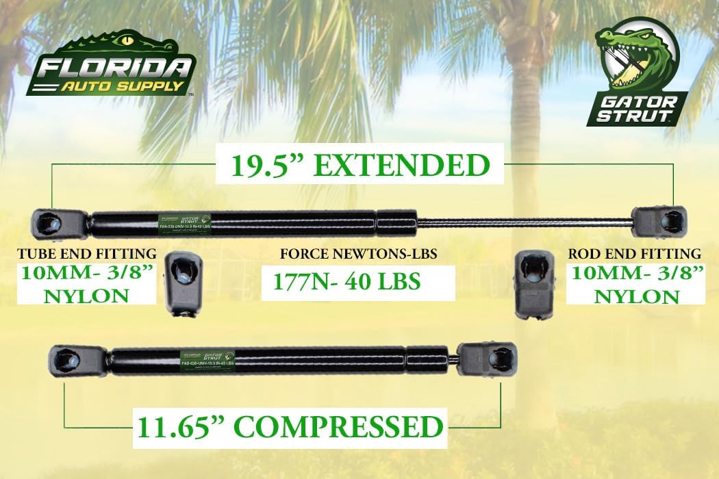 Two Pack 19.5" inches Long Extended, 40 LB Force Pressure, 10 mm Tube End, 10mm Rod End. Universal Lift Support -Compatible with: C16-08316 - Gas Shock - by Gator Strut, FAS-531-UNIV-19.5 IN-40 LBS-2