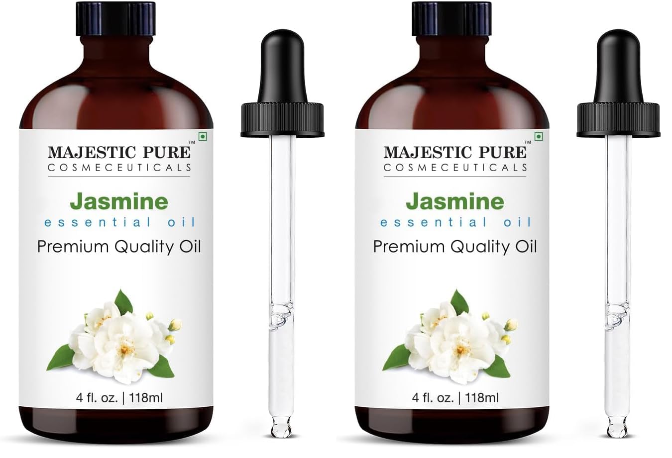 Majestic Pure Essential Oil with Glass Dropper - 100% Pure and Natural - Essential Oils for Diffuser, Aromatherapy, Soap and Candle Making, Jasmine Essential Oil, Jasmine Oil, 4 Fl Oz (Pack of 2)