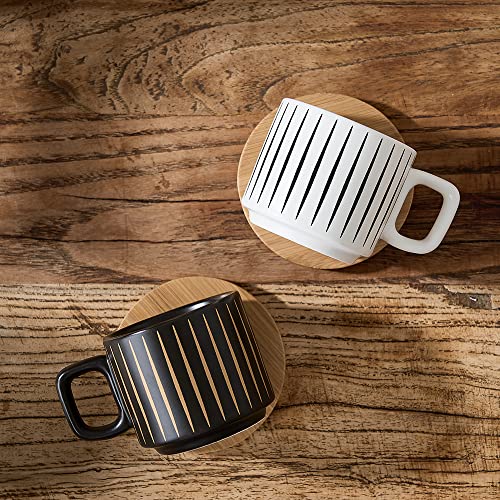 Luka Porcelain Espresso Cup With Saucer And Metal Stand, 4 Ounce Stackable Ceramic Demitasse Espresso Mugs Cups Set For Latte, Specialty Coffee Drinks, Cafe Mocha,Tea - Set Of 4,Stripe White & Black #TOP4